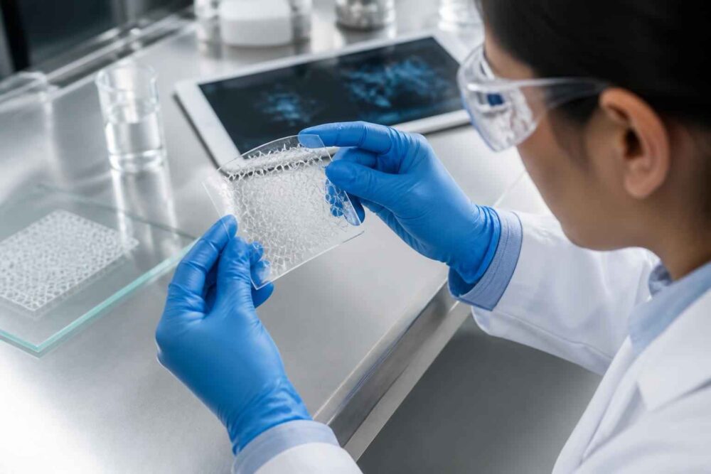Badanie płytki laboratoryjnej Naukowczyni w rękawiczkach analizuje płytkę z próbkami przy użyciu laboratoryjnego sprzętu