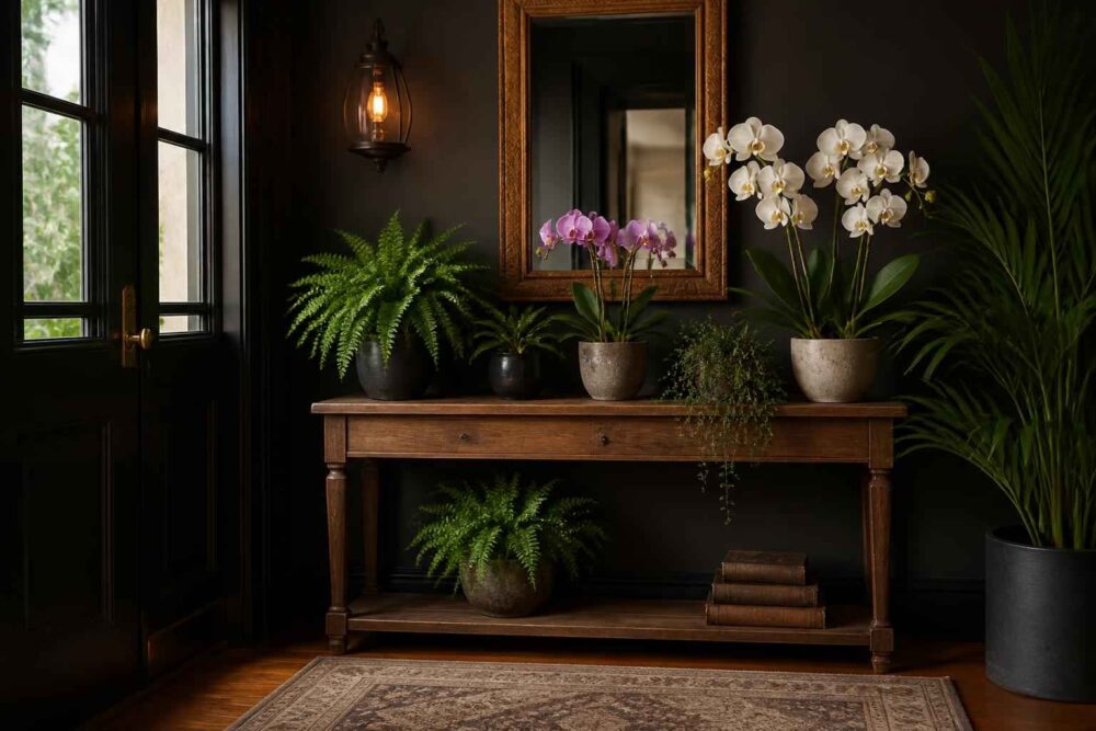 Ciemna konsola z orchideami i paprociami pod lustrem Drewniana konsola z białymi i fioletowymi orchideami, paprociami oraz dużą palmą w eleganckim wnętrzu