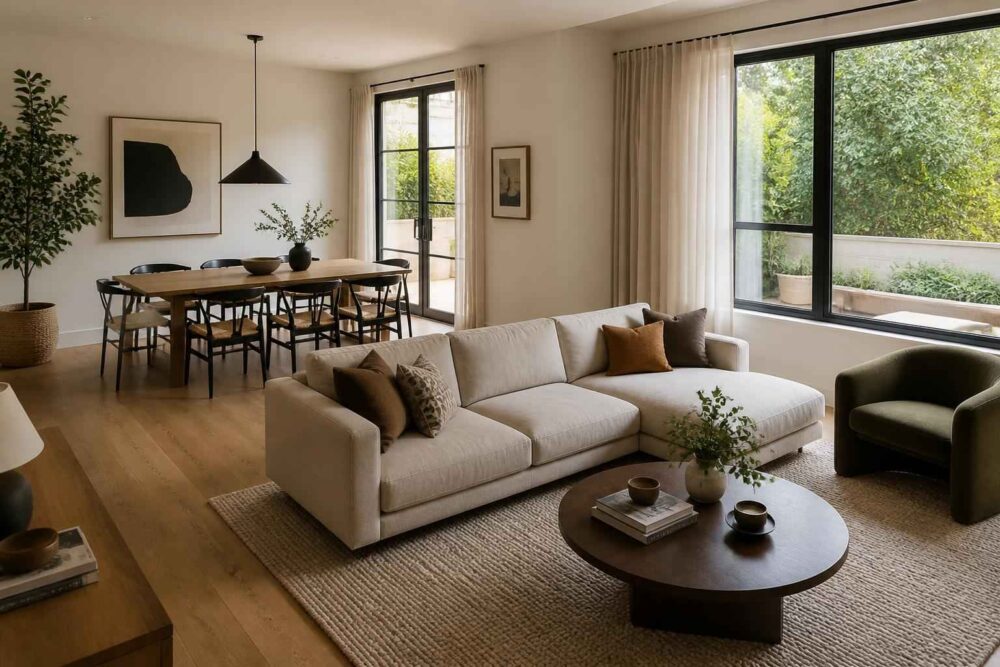 Elegancki salon z sofą i jadalnią przy oknach Przytulny salon z beżową sofą, okrągłym stolikiem i jadalnią obok dużych okien wychodzących na ogród