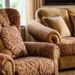 Pikowane fotele i sofa w odcieniach beżu, brązu i burgundu w eleganckim salonie