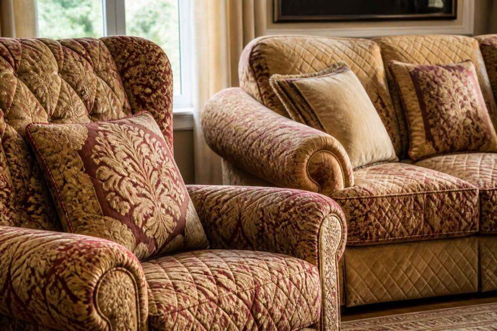 Pikowane fotele i sofa w odcieniach beżu, brązu i burgundu w eleganckim salonie