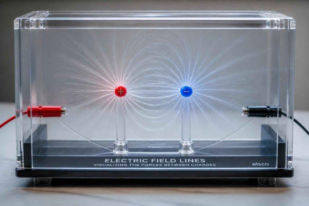 Przezroczysty model pokazujący linie pola elektrycznego między czerwonym i niebieskim ładunkiem