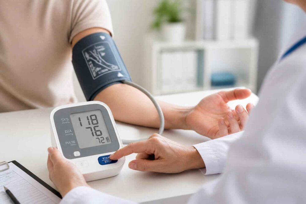 Lekarz mierzy pacjentowi ciśnienie krwi elektronicznym ciśnieniomierzem