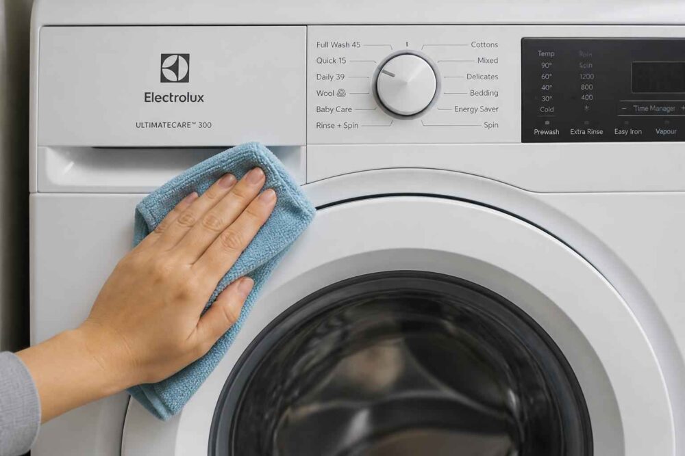 Dłoń z niebieską ściereczką czyści panel pralki Electrolux ładowanej od frontu