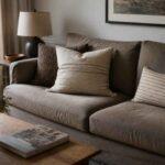Beżowa sofa z poduszkami w przytulnym salonie obok lampy, rośliny i stolika z książkami