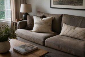 Beżowa sofa z poduszkami w przytulnym salonie obok lampy, rośliny i stolika z książkami