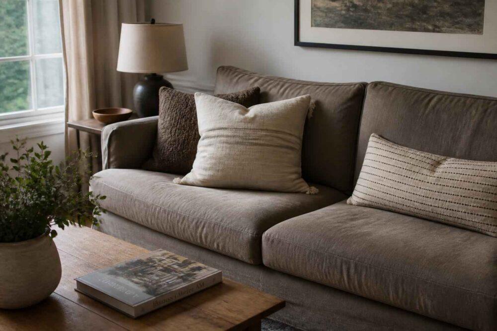 Beżowa sofa z poduszkami w przytulnym salonie obok lampy, rośliny i stolika z książkami