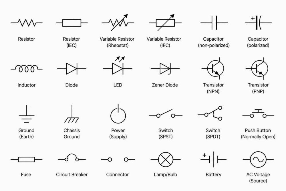 Schematyczne symbole rezystorów, diod, tranzystorów, przełączników, baterii i innych elementów elektrycznych