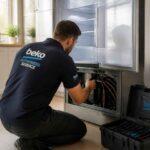Technik Beko naprawia lodówkę, korzystając z narzędzi z otwartej walizki serwisowej
