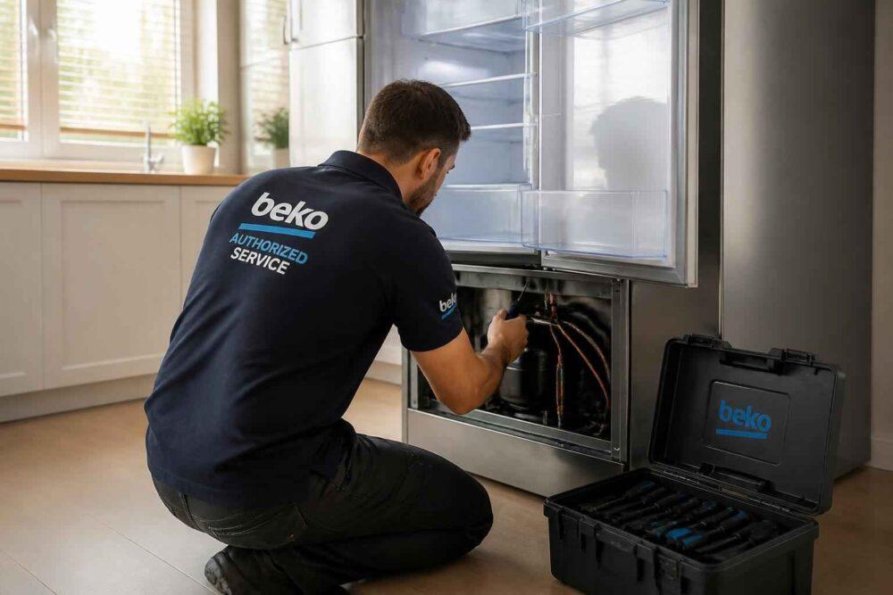Technik Beko naprawia lodówkę, korzystając z narzędzi z otwartej walizki serwisowej