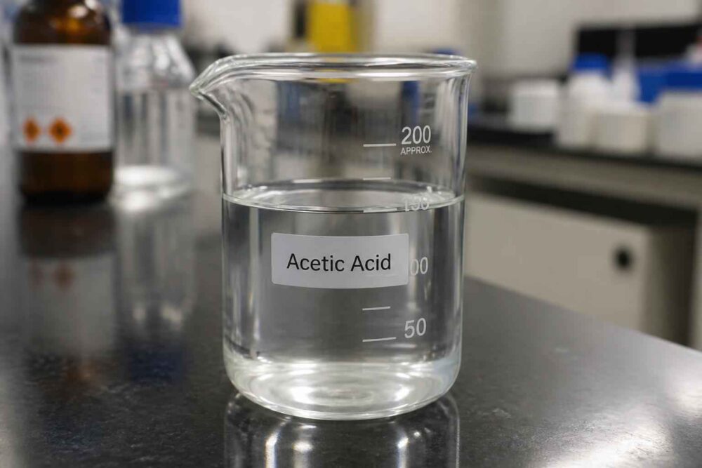 Zlewka laboratoryjna z etykietą Acetic Acid na metalowym blacie